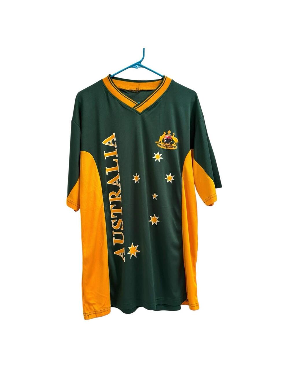 Oz Designs Australia Jersey Mens Green Gold V-Neck Athletic Shirt L/XL